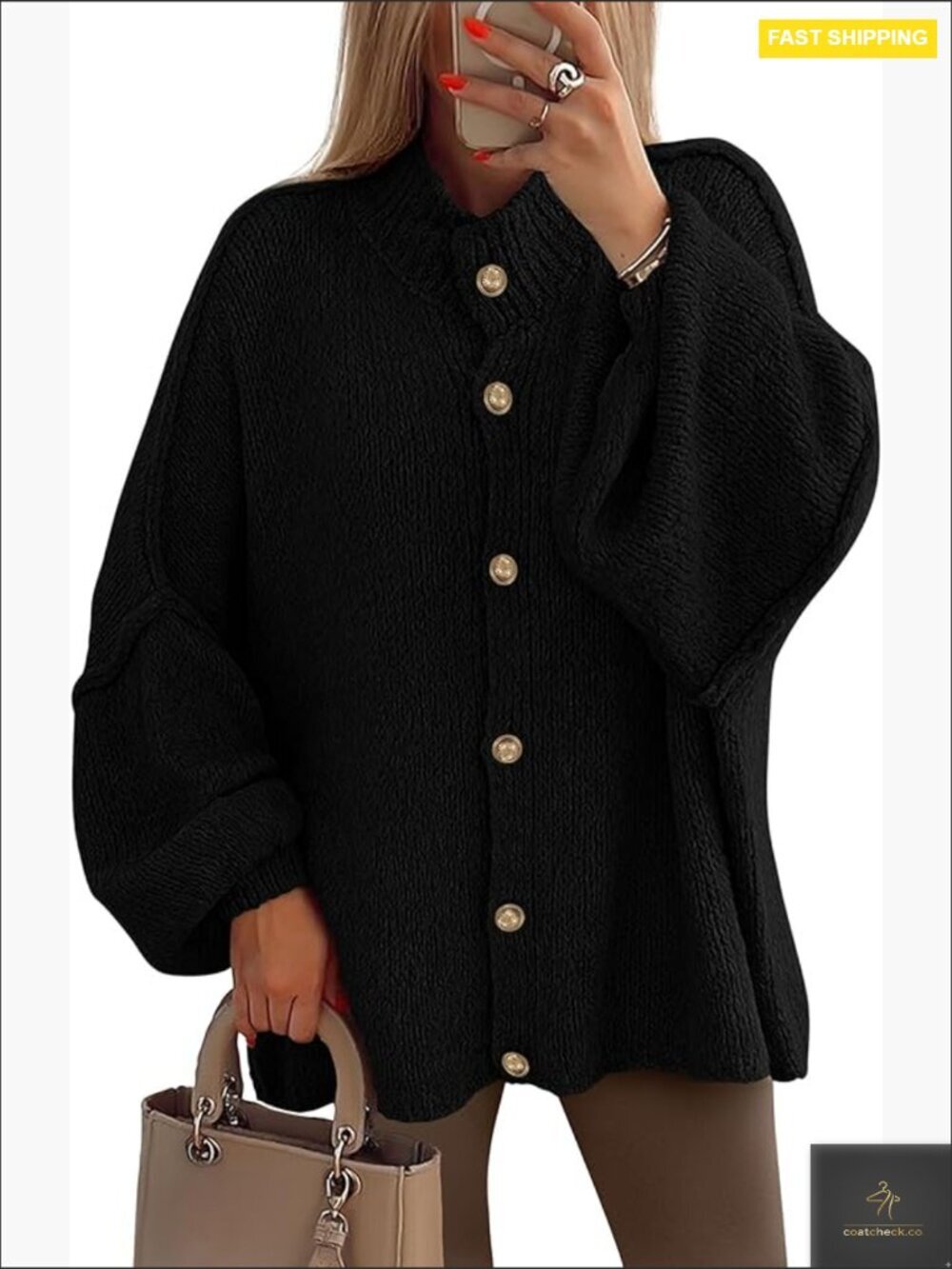 Chunky Knit Cardigan Mock Neck Lantern Sleeve Oversized Winter Sweater Jacket